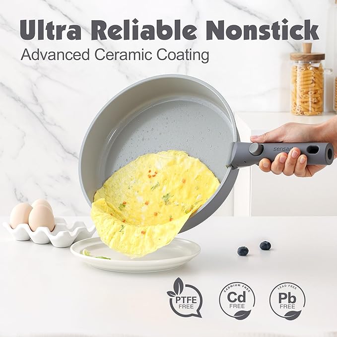 SENSARTE 24 Piece Ceramic Pots and Pans Set, Nonstick Detachable Handle Cookware, Induction Kitchen Cookware Set with Removable Handle, Healthy Non Stick for RV, Dishwasher＆Oven Safe, PFOA Free (Gray)