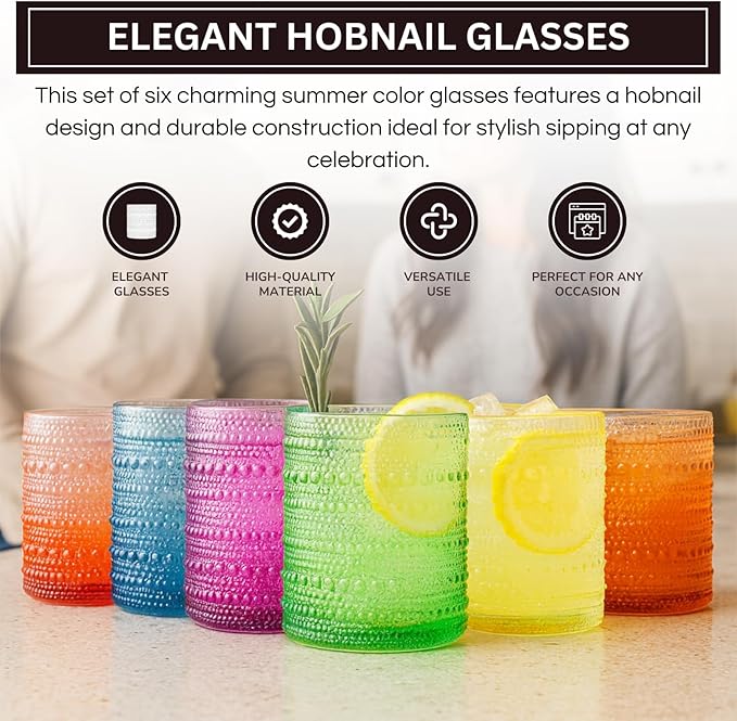 Khen Hobnail Drinking Glasses - Colorful Tumblers, 10 oz Drinkware for Parties, Brunches, BBQs, Picnics & Gifts - Cups for Cocktails, Iced Tea & Juice - BPA-Free - Set of 6, Summer Colors