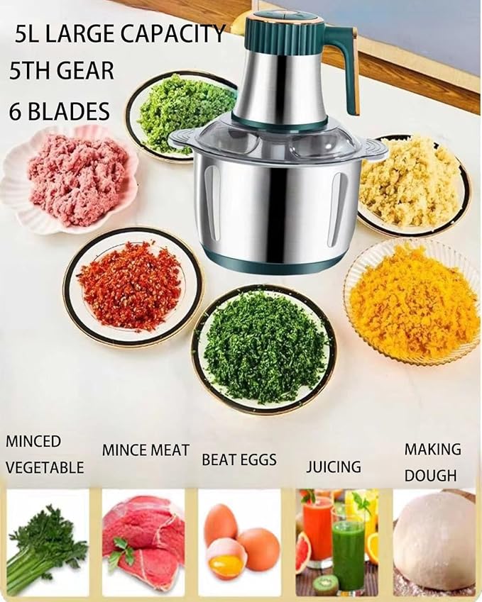5L Electric Meat Grinder, Stainless Steel Dough Machine, 500w Strong Food Processing Machine, 5-Speed Mode, Used For Dough Stirring, Onion, Meat, Nuts, Fruits, Garlic, Vegetables