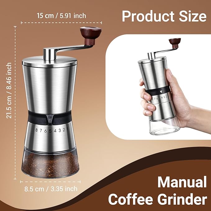 Ceramic Burr Manual Coffee Grinder with 8 Adjustable Coarseness Settings for Cold Brew Espresso Beans French Press Pour Over Drip Stainless Steel Hand Crank Coffee Mill for Home use or Travel Camping