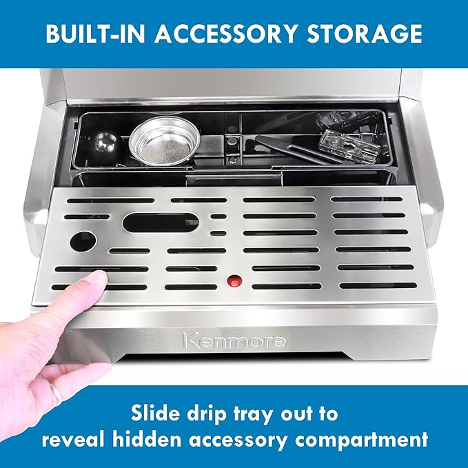 Kenmore Espresso Machine – Automatic Coffee Maker with Manual Tamper, Auto Cleaning, Milk Steamer & Frother, Bean Grinder, Brew Professional Barista Style Cappuccino, Café Latte