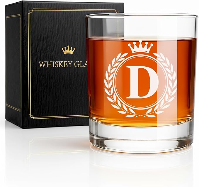 Whiskey Glasses - Rocks Old Fashioned Glass Gifts for Men, Monogrammed A-Z 10oz Personalized Whisky Glasses, Christmas Birthday Gifts for Men Him Dad Father Husband Brother Son (D)