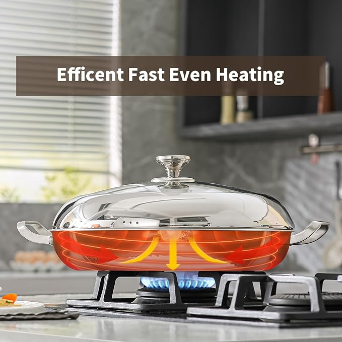 DELARLO 14 inch Paella Pan With Lid Tri-Ply Large Frying Pan Stainless Steel,Induction Skillets,Fast Heating Cookware,Indoors Outdoors,paelleras para 12 personas Jumbo Cooker