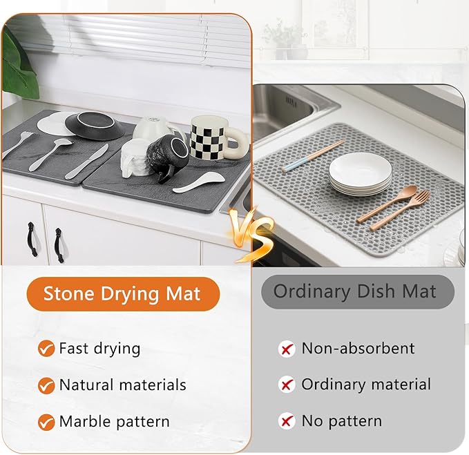 Stone Drying Mat for Kitchen Counter-Diatomaceous Earth Dish Drying Mat Foldable,Non Slip Kitchen Mat Quick Dry for Dishes Bottles Cups (24"L X 16"W)