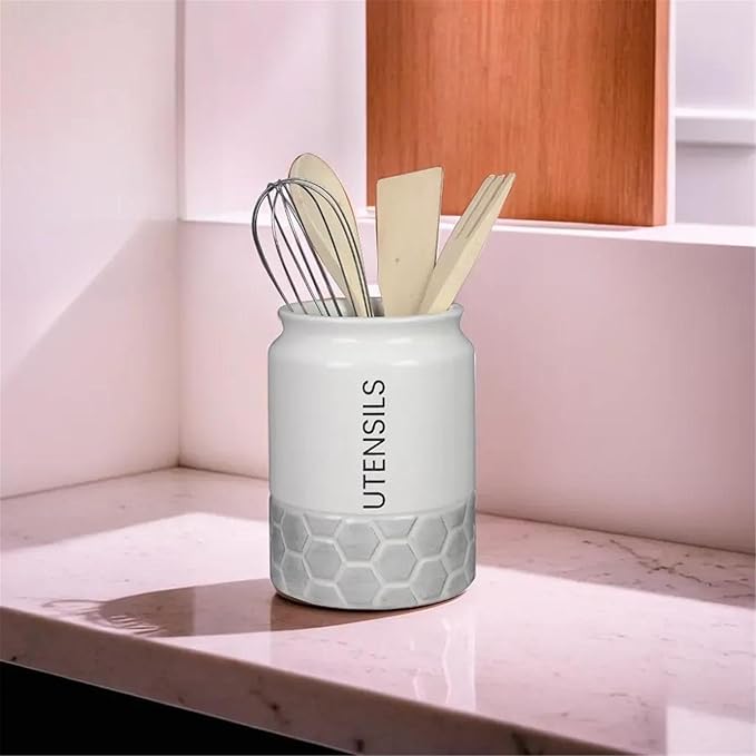 Young's Inc Modern Country Tool Holder with Wood Kitchen Tools, Ceramic Utensil Holder for Kitchen Counter, Cooking Spoon & Spatula Holder for Counter with Utensils, White/Grey