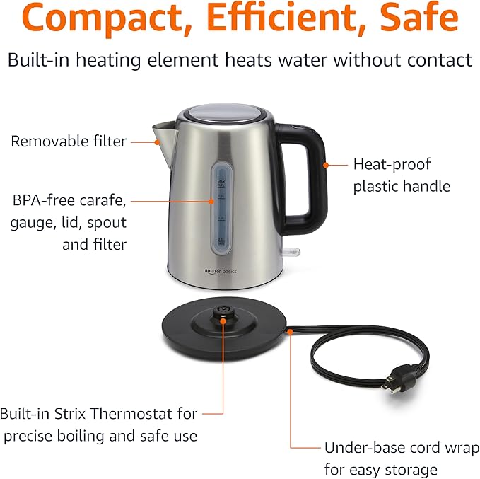 Amazon Basics Electric Stainless Steel Kettle for Tea and Coffee, BPA-Free, Fast Boiling, Auto Shut-Off, 1.8 Quarts, 1500W, Black and Silver