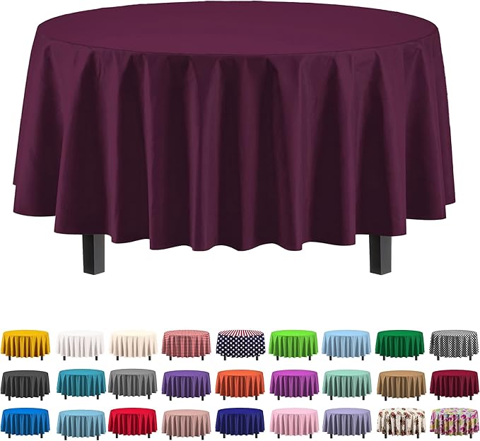 Exquisite Party Solids 12-Pack Premium Plastic Tablecloth 84in. Round Table Cover - Plum