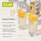 True Highball Glasses, Tall Glass Tumbler for Cocktails, Mojito Iced Tea Juices, Soda Water Drinking Cups, Kitchen Glassware, Home Bar, 11 oz Set of 4