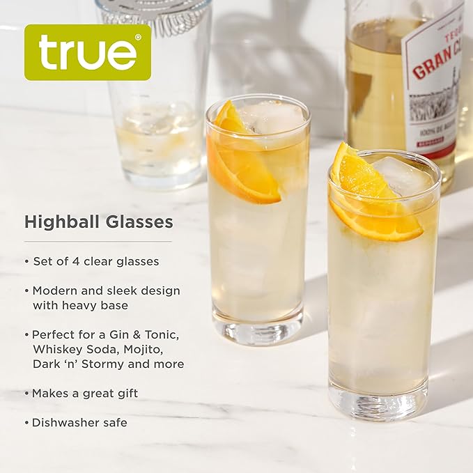 True Highball Glasses, Tall Glass Tumbler for Cocktails, Mojito Iced Tea Juices, Soda Water Drinking Cups, Kitchen Glassware, Home Bar, 11 oz Set of 4