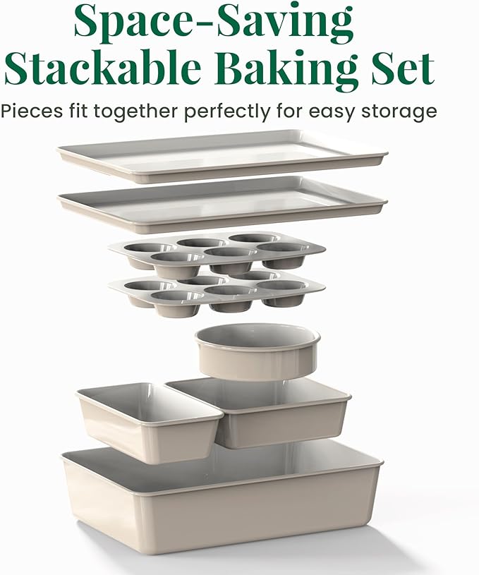 Larder & Vine 8-Piece Bakeware Set | Non-Stick Baking Set with Ceramic Finish | PFAS, PFOA, PTFE, and BPA Free Baking Essentials | Baking Sheets, Muffin Tins and Assorted Baking Pans | French Gray