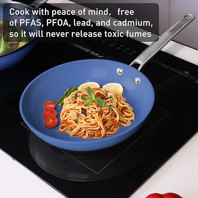 MsMk Blue 8" + 9.5" + 11" Ceramic Non Stick Frying Pans Sets, PFOA Free Non-Toxic, Scratch-resistant, Oven-Safe, Induction Ready, Compatible with All Cooktops