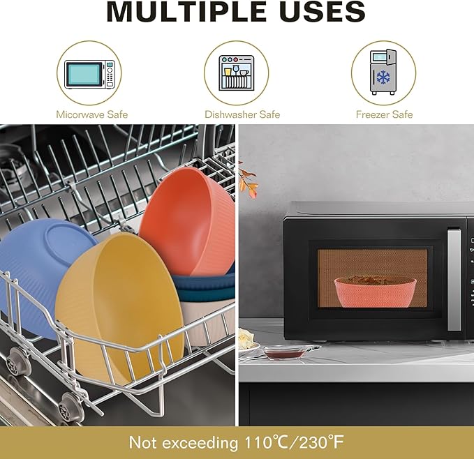 Wheat Straw Bowls, 26 Oz Unbreakable Plastic Soup Salad Cereal Bowls Sets of 8, Lightweight Reusable Microwave Dishwasher Safe BPA-Free for Kitchen Camping Ramen Snack, Multicolor