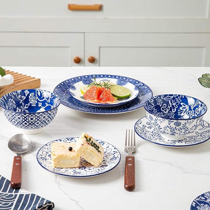 Ceramic Dessert Plates Set - 6 Inch Small Appetizer Plates for Kitchen - Salad Plate for Cake Snacks Side Dish, Microwave Dishwasher Safe, Gift, Vintage Blue