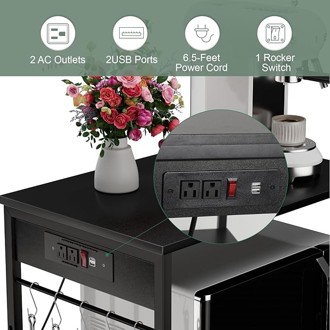 ETELI Bakers Rack with Power Outlet Black Coffee Station Cart Table on Wheels Microwave Stand Table with Storage Shelf for Kitchen Living Room Bedroom