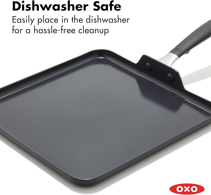 OXO 11” Non-Stick Every Day Square Griddle, BPA-Free Comfort Grip Silicone Handle, Dishwasher & Oven Safe, PFAS-Free Ceramic Skillet, Pancake Pan, Black