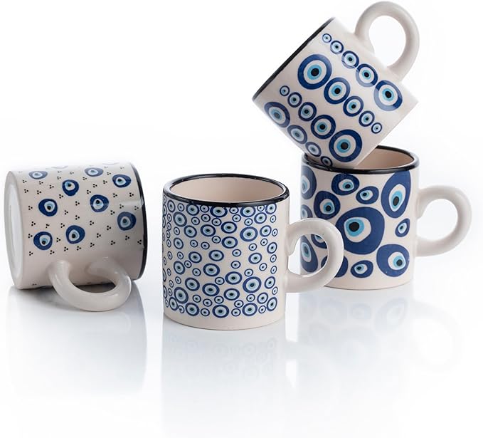 Ceramic Espresso Cups, 5 Oz Espresso Cups Set of 4, Handmade Espresso Cup, 2.75 Inch Espresso Mugs, Multicolor Demitasse Cups, Microwave & Dishwasher Safe Espresso Mugs, Coffe Mug Set (NAZAR CHARM)