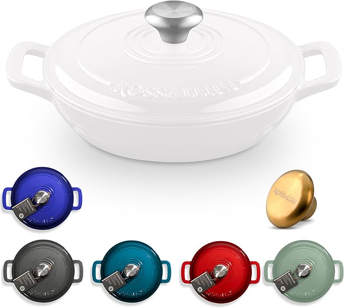 Signature Enameled Cast Iron Braiser, Non-Stick Serving Pot with Tight Fitting Lid for Perfect Roasting, Baking, Sauteing, Searing, and Pan Frying | 3.5Q (3.3L) - White