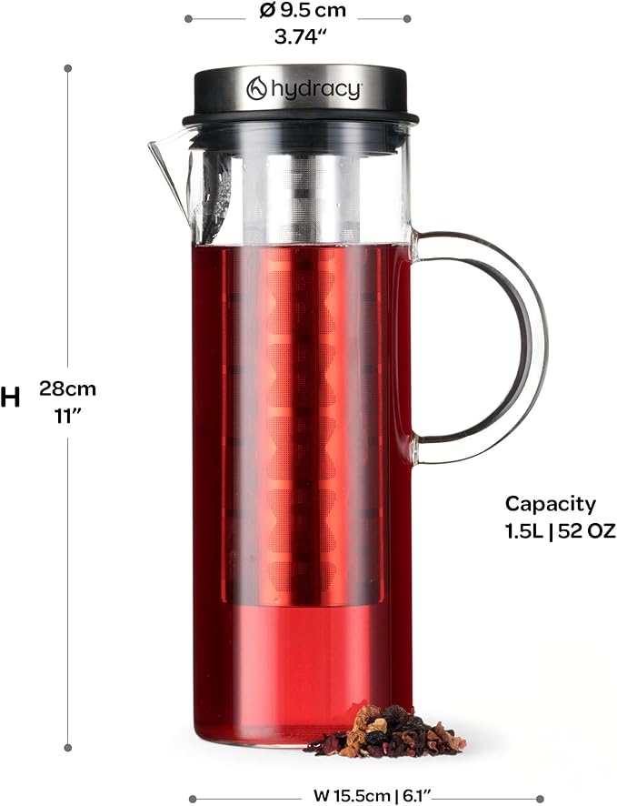 Cold Brew Coffee Maker - Large Glass Infusion Pitcher 1.6 Quarts 52oz - Iced Coffee & Iced Tea Pitcher with Stainless Steel Lid & Fruit Infusion Tube - Perfect for Home or Office