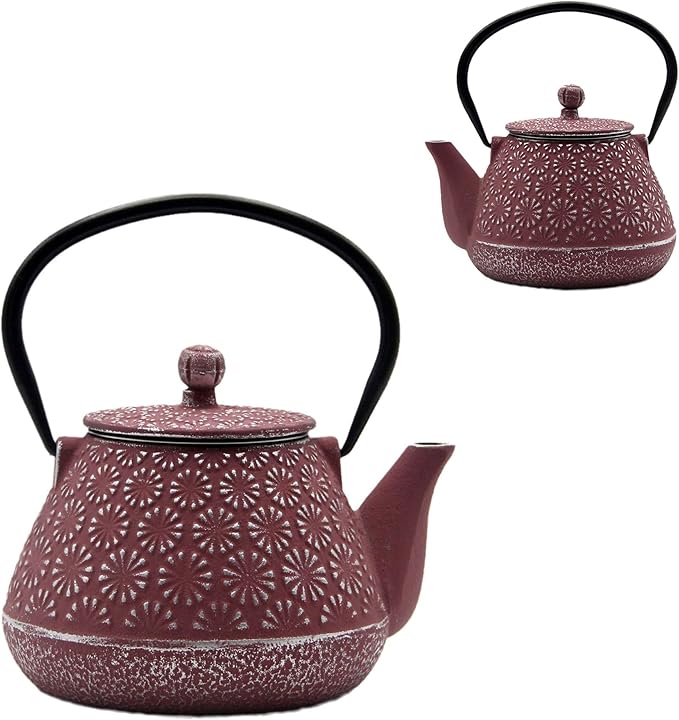 Cast Iron Teapot, 20.3oz Small, Enameled Interior, Stainless Steel Infuser for Loose Tea (Pink Gerbera Pattern)