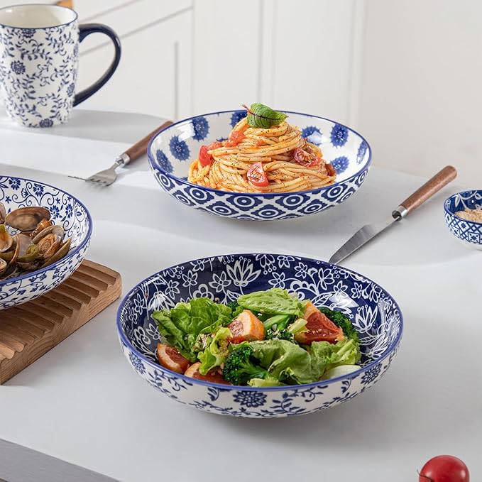 Ceramic Pasta Bowls Set - 32 OZ Porcelain Serving Soup Cereal Bowls 8.5 inch Wide and Shallow Salad Dinner Bowls - Microwave Dishwasher Oven Safe - Set of 4 - Vintage Blue