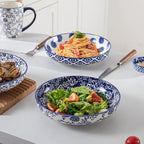 Ceramic Pasta Bowls Set - 32 OZ Porcelain Serving Soup Cereal Bowls 8.5 inch Wide and Shallow Salad Dinner Bowls - Microwave Dishwasher Oven Safe - Set of 4 - Vintage Blue