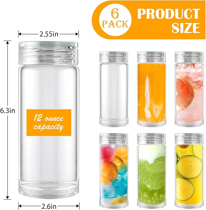 12oz Glass Bottles with Lids,Glass Bottles with lids,glass water bottles.Suitable for beverage storage, juicing, drinking water, tea, leak-proof, reusable, borosilicate 6pack