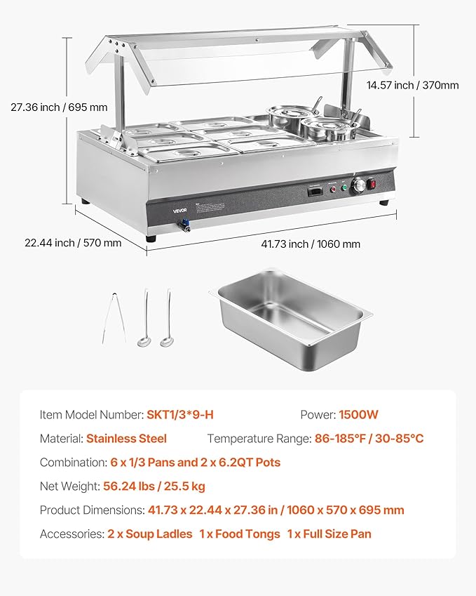 VEVOR Electric Soup Warmer, Two 6.34QT Pots & Six 1/3 Pans, Stainless Steel Commercial Food Warmer with 86~185°F Adjustable Temp, 1500W Bain Marie with Cover, Soup Station for Restaurant, Buffet