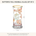 MACKENZIE-CHILDS Highball Glasses, Tall Drinking Glasses with Gold Rims, 15 Ounces, Set of 2, Butterfly Hill