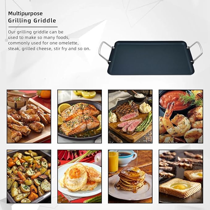 11pcs 19Inch Nonstick Taco Griddle Pan, Rectangular Cast Iron Griddle, Comales para Tortillas Cooking Pan for Stove Tops | 2 - Burner, Detachable Handles | Stove/Outdoor/Camping