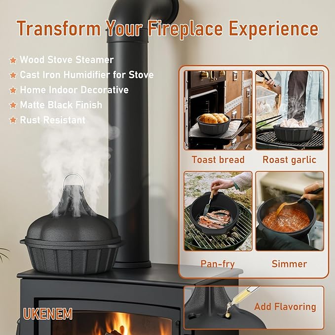 Wood Stove Steamer & Woodstove Steamer Stove Humidifier Cast Iron, 2.3 Quart Round Fireplace Humidifier & Simmer Pots with Heart-shaped Vent At The Top Covers (Round-1)