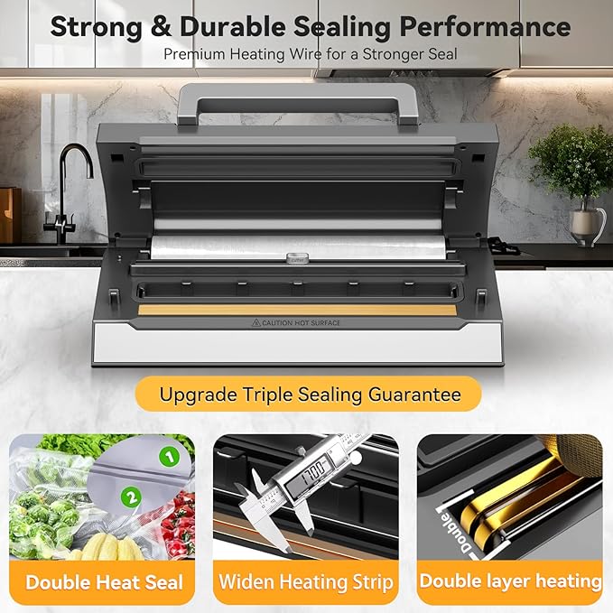 2025 Precision Food Vacuum Sealer Machine, Commercial Full Automatic Food Sealer–Powerful Dual Pump, Built-in Cutter&Bag Storage, Double Heat Seal, Food Preservation Saver, 2 Bag Rolls&Hose, Sous Vide