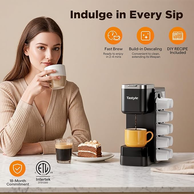 Hot & Iced Coffee Maker with Magnetic K-Pod Organizer (Pods Not Included), Stores 10 Pods, 4-5 Cups Coffee Maker & Single-serve Brewer for K Cup & Grounds, 40oz Removable Water Tank, Black