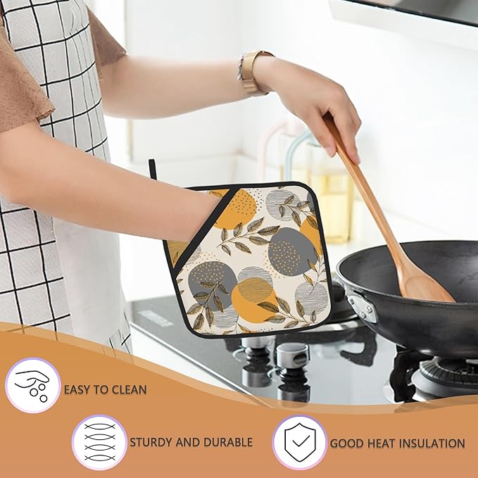 Boho Leaves Pot Holders Set of 2 Heat Resistant Potholders,Stripes and Dots Fire Oven Hot Pads for Kitchen Cooking Baking Barbecue