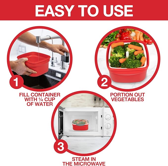 3pc Microwave Cookware Vegetable Steamers (2 pack)- Reusable Meal Prep Food Containers, Store XMAS Leftovers-Removable Strainer & Locking Steam Vent Lid- BPA Free, Fridge and Freezer Safe | 1.3 Liters