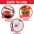 Microwave Steamer for Vegetables - 3 pc Microwavable Cooker with Food Storage- XMAS Holiday Cooking Made Easy- Removable Strainer & Locking Steam Vent Lid- BPA Free, Fridge & Freezer Safe | 1.3 Liters
