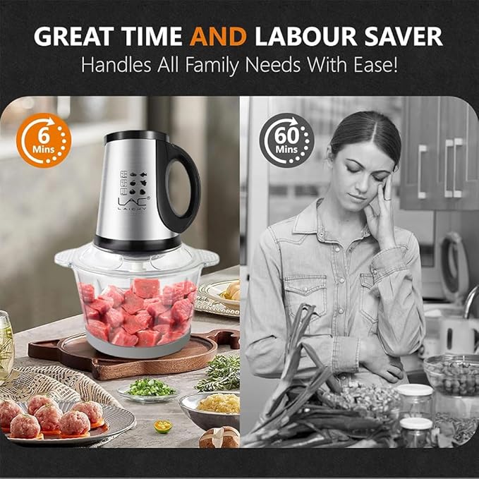 Food Processor,Small Meat Grinder,300W Powerful Pure Chopper Motor Food Choper,Electric Vegetable Choper with 2 Bowls(8 Cup+8 Cup) and 2 Blades for Onion,Baby Food,Meat,Fruit