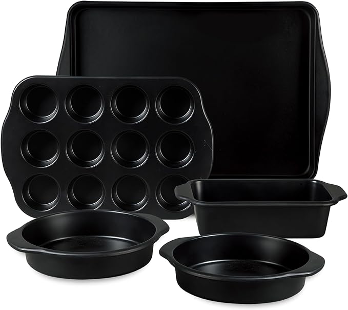 Oster Teston 5 Piece Carbon Steel Baking Pans Bakeware Set w/Premium PFA Free Nonstick - Matte Black