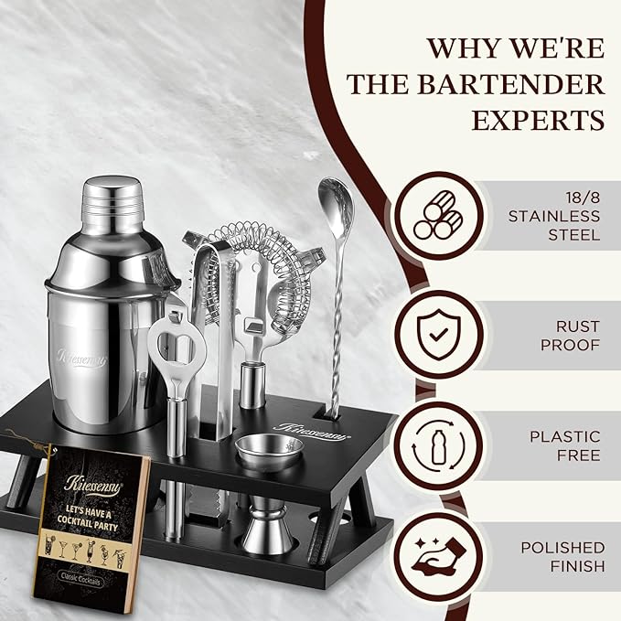 KITESSENSU Cocktail Shaker Set Bartender Kit, 6-Piece Silver Bar Set with Stand, Bar kit with Essential Bar Accessory Tools: Martini Shaker, Jigger, Strainer, Bar Spoon, Tongs, Opener