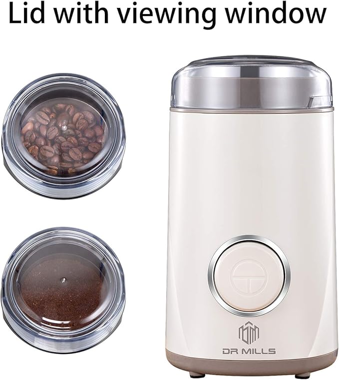 DR MILLS DM-7441 Coffee Grinder Electric, Coffee Bean and Dried Spice Grinder, One Touch Operation, Blade and cup made with SUS304 stainless steel (White)