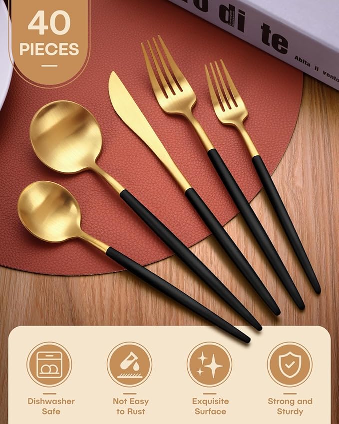 Black and Gold Silverware Set,Ollex 40 Pieces Matte Flatware Set,Colorful Handle Modern Cutlery Set with Dinner Knives Forks Spoons stainless steel Utensil set,Satin Finish&Dishwasher Safe