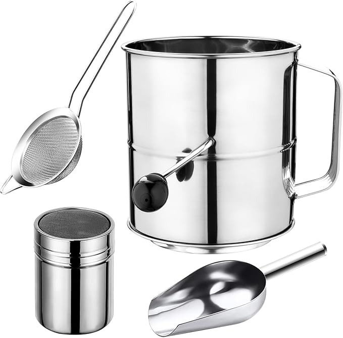 Flour Sifter,5 Cup Stainless Steel Flour Sifters,4 in 1 Baking Sifter Set with Powder Sugar Shaker Duster,Strainers Fine Mesh and Metal Scoop for Baking Cake,Pastries,Pies,Cupcakes,Desserts