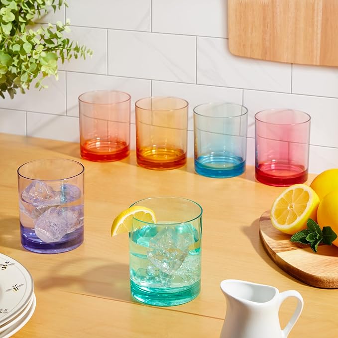 US Acrylic Classic Plastic Reusable Drinking Glasses (Set of 6) 12oz Rocks Cups Assorted Colors | BPA-Free Tumblers, Made in USA | Top-Rack Dishwasher Safe