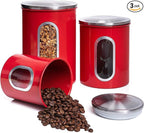 Mixpresso 3-Piece Red Canisters Sets For The Kitchen, Airtight Canister Set With See Through Window, Storage Jars for Coffee Container, Tea Organizer & Sugar Canister, Red Kitchen Canisters