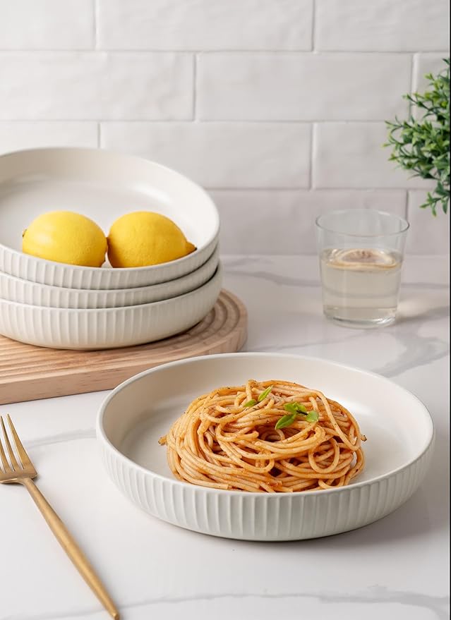 famiware Starlight Large pasta bowls set of 4, Serving Bowls for Pasta, Salad, Dinner, Oatmeal. Microwave Safe-36 oz, 8.46inch, Matte white