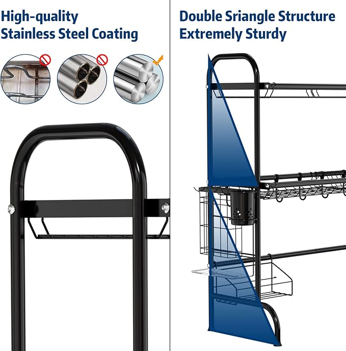 MOUKABAL Dish Drying Rack - Stainless Steel Over The Sink Dish Drying Rack (Expandable Length), 2 Tier Large Dish Rack with Utensil Holder, 32.3" - 33.9"(L) x 11.4"(W) x 32.3"(H) Black