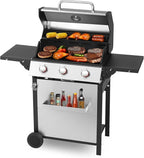 3 Burner Propane Gas Grill, Stainless Steel Cabinet with Side Table & Knob Controls, BBQ Grills Cast Iron Grates and Thermometer for Outdoor Cooking, Patio, BBQ