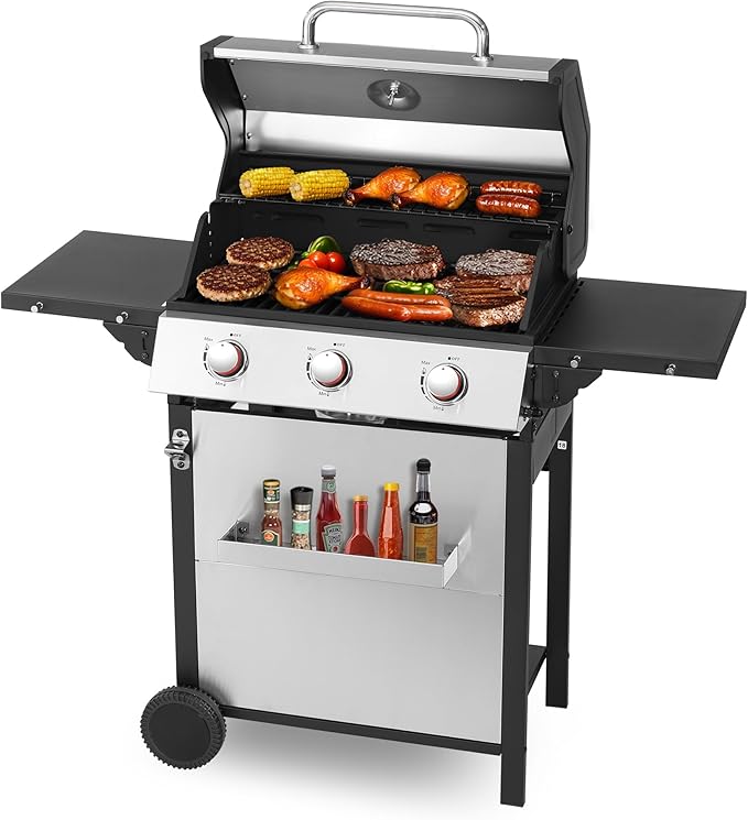 3 Burner Propane Gas Grill, Stainless Steel Cabinet with Side Table & Knob Controls, BBQ Grills Cast Iron Grates and Thermometer for Outdoor Cooking, Patio, BBQ