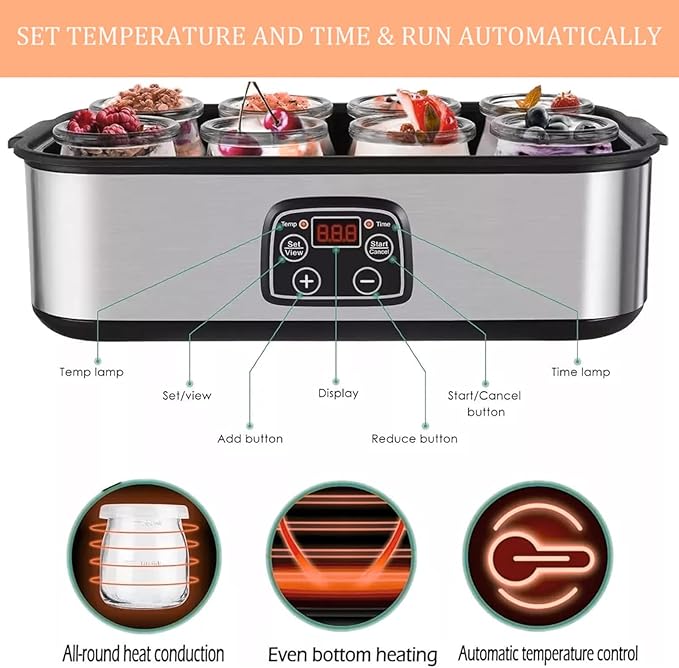 Automatic Yogurt Maker, Digital Yogurt Maker Machine with 12 Jars 2160ml Adjustable Temperature 48H Time Control for Fresh Homemade Yogurt Dessert, Led Display Multi-Function Electric Yogurt Machine