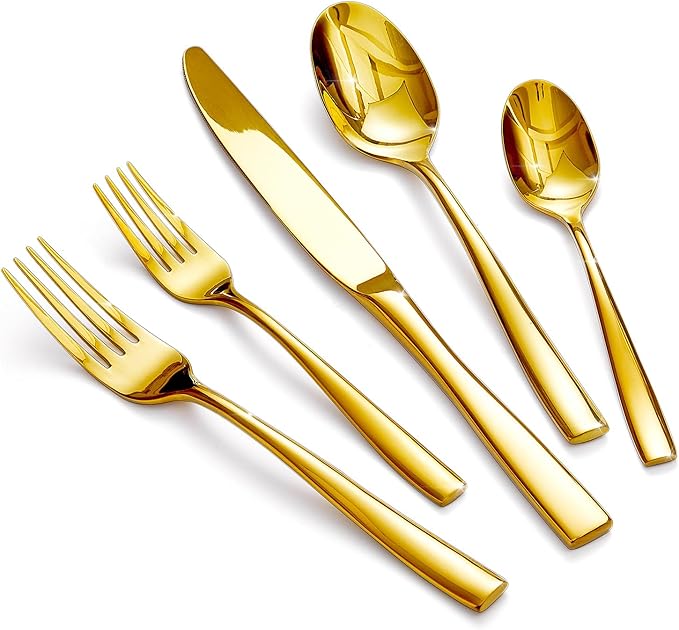 HIKAA Forged Silverware Set Stainless Steel Flatware Set,Service for 8,Matte Satin Polished Cutlery Set,Dishwasher Safe (Gold, 40PCS)