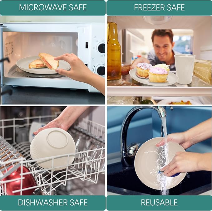 Wheat Straw Dinnerware Sets for 6, Osonm 24PCS Unbreakable Reusable Plastic Plates Bowls Cups Set, Dishwasher Microwave Safe Dishes Set for Kitchen, Dorm, Camping, RV, Picnic (Beige)